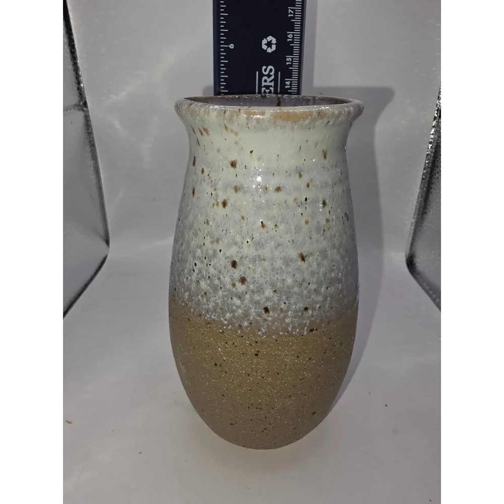Handmade Studio Pottery Stoneware Vase Speckled White Brown Reactive Glaze 6.5